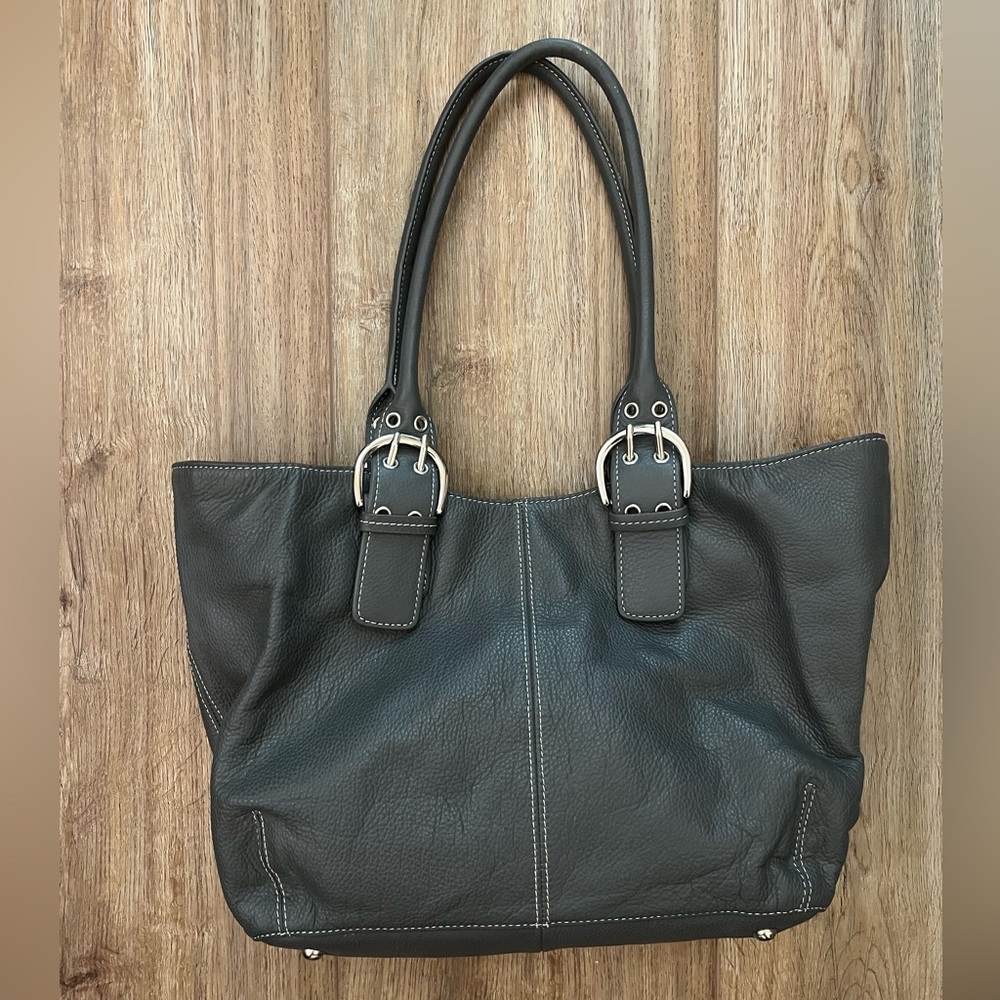 Gray Leather Tignanello Shoulder Bag with Silver Buckles - Picture 2 of 10